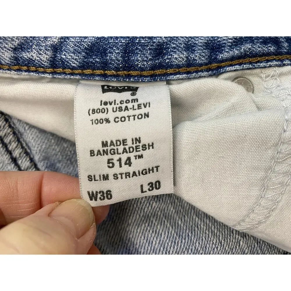 Levis 514 Jeans Mens 36x30 Light Wash Blue‎ Slim Straight Leg Denim Casual Y2K